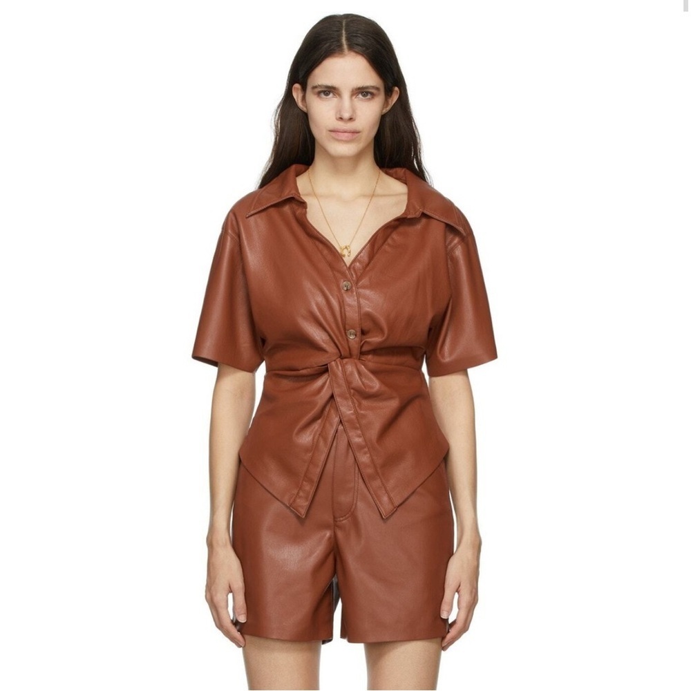 NWT Womens House Of Harlow 1960 Brown Vegan Leather 1/2 Button‎ Down Blouse S